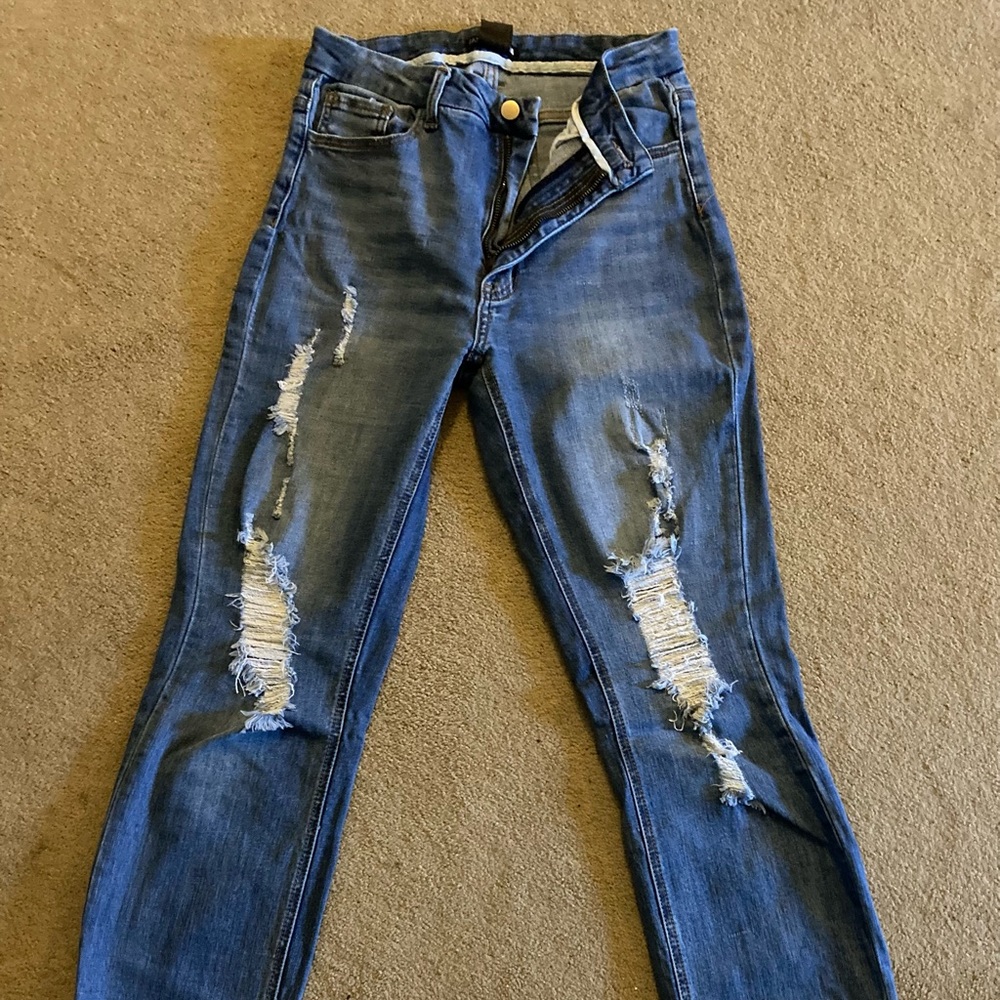 Straight leg distressed jean